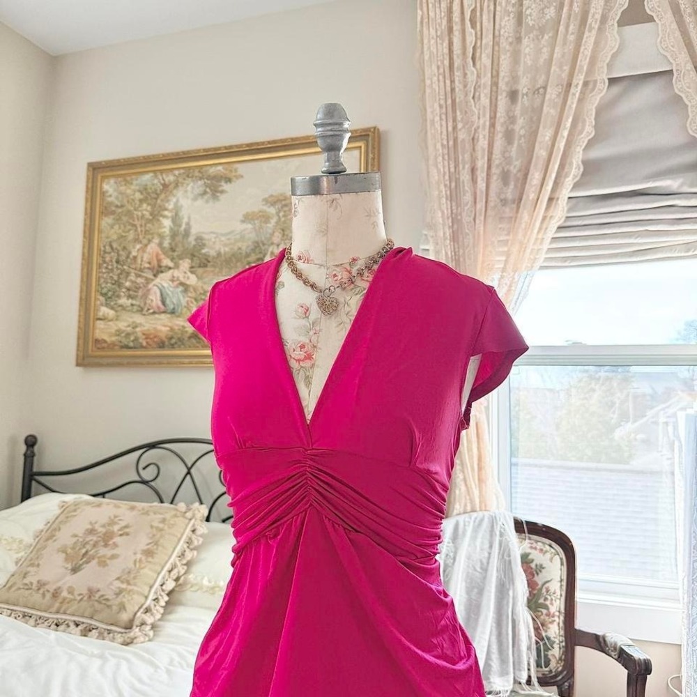 pink fairy top  Y2K hot pink ruched v neck top k mode size large - Picture 3 of 7